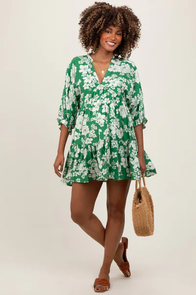 PinkBlush Green Floral Deep V-Neck Maternity Mini Dress