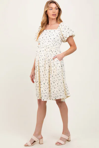 PinkBlush Cream Textured Knit Square Neck Maternity Midi Dress