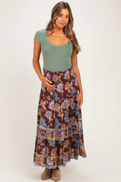 PinkBlush Cocoa Floral Smocked Waistband Tiered Maternity Maxi Skirt