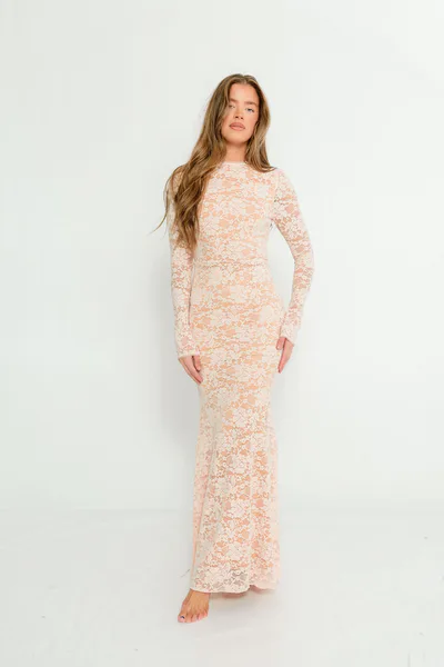 Worth Collective Seraphine Lace Maxi Dress in Pale Pink - Bump Friendly (Size Up for Bump)
