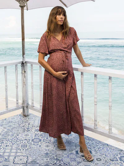Angel Maternity Isabella Rust Leopard Print Maternity & Nursing Maxi Dress