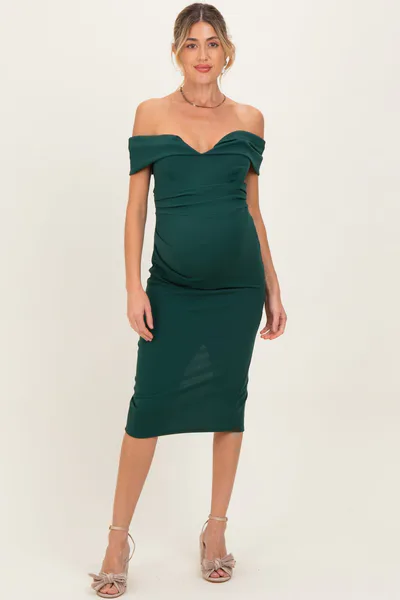 PinkBlush Forest Green Off Shoulder Fitted Maternity Midi Dress
