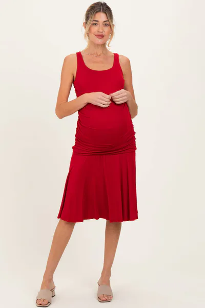 PinkBlush Red Ruched Sleeveless Drop Waist Maternity Midi Dress