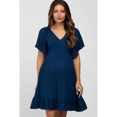 Target Pinkblush Navy Blue Smocked Front Ruffle Hem Maternity Dress Medium