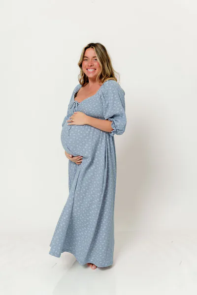 Worth Collective Cecilia 100% Cotton Smocked Maxi Dress in Light Indigo Foliage - Bump Friendly