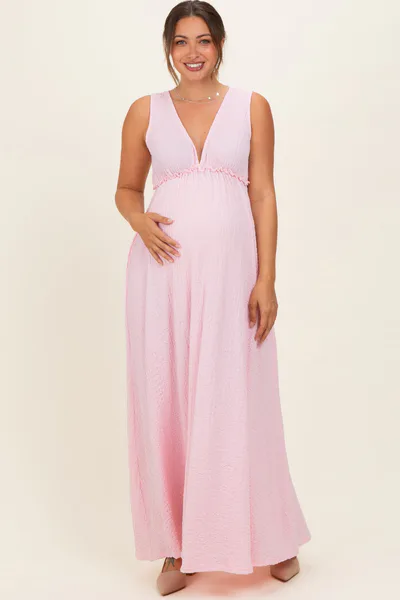 PinkBlush Light Pink Sleeveless Deep V-Neck Maternity Maxi Dress
