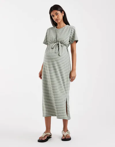 ASOS Mamalicious Maternity short sleeve tie waist 2 function nursing midi dress in green and white stripes