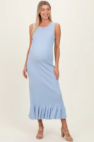 PinkBlush Sky Ribbed Knit Sleeveless Ruffle Hem Maternity Maxi Dress