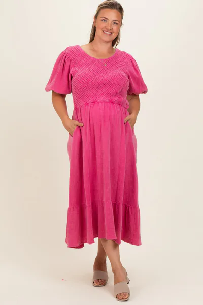 PinkBlush Pink Washed Gauze Smocked Maternity Plus Midi Dress
