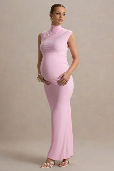 Club L London Kienna | Pink Ruched High-Neck Maternity Maxi Dress