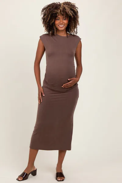PinkBlush Brown Sleeveless Side Ruched Maternity Midi Dress