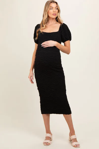 PinkBlush Black Textured Square Neck Puff Sleeve Maternity Midi Dress