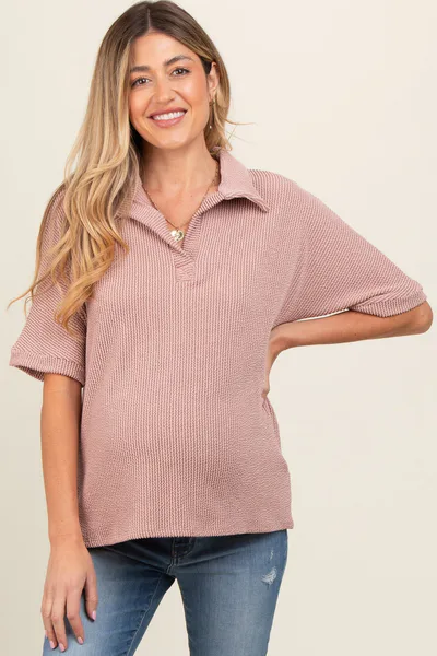 PinkBlush Mocha Ribbed Collared Maternity Top