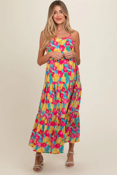 PinkBlush Multi-Color Floral Low Back Tiered Maternity Midi Dress