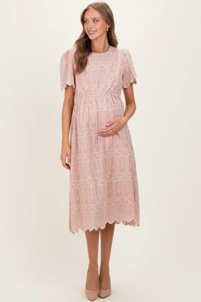 PinkBlush Light Pink Embroidered Floral Maternity Midi Dress