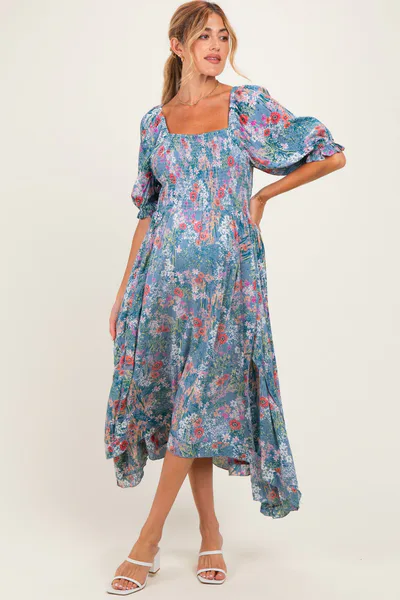 PinkBlush Teal Floral Smocked Handkerchief Hem Maternity Midi Dress