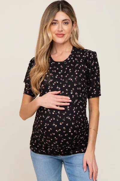 PinkBlush Black Floral Side Ruched Maternity Short Sleeve Top