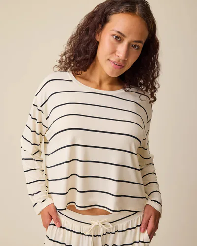 Kindred Bravely Aria Bamboo Casual Cropped Long Sleeve Top | White & Black Stripe