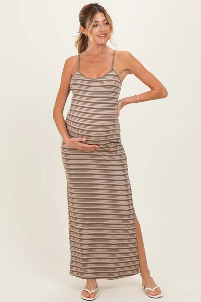 PinkBlush Taupe Striped Ribbed Sleeveless Side Slit Maternity Maxi Dress