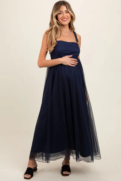 PinkBlush Navy Blue Square Neck Shoulder Tie Tulle Maternity Maxi Dress