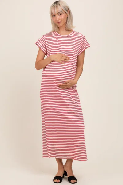 PinkBlush Red Striped Maternity Midi T-Shirt Dress