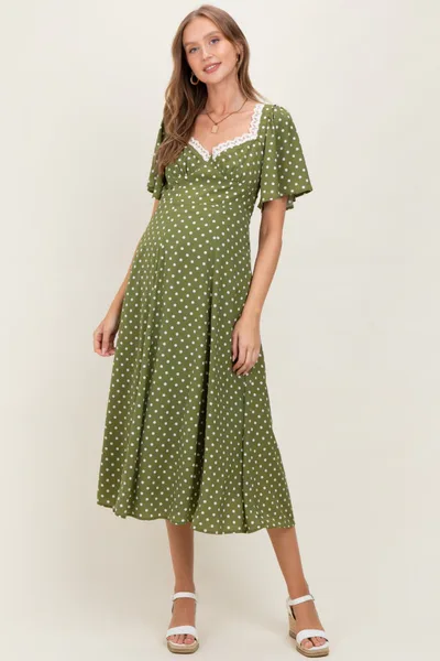 PinkBlush Olive Polka Dot Lace Trim Maternity Maxi Dress