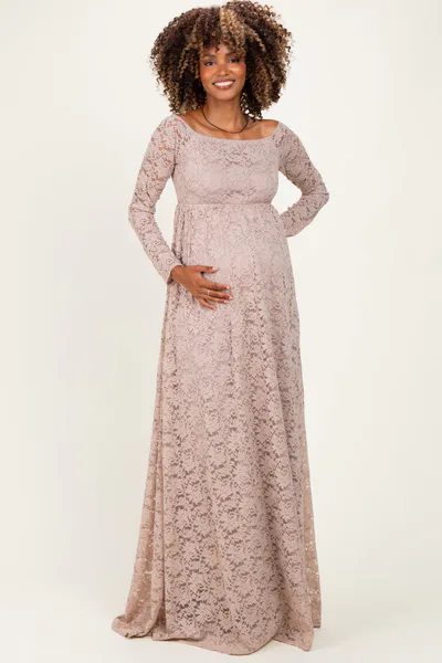 PinkBlush Mocha Floral Lace Long Sleeve Off Shoulder Maternity Maxi Dress