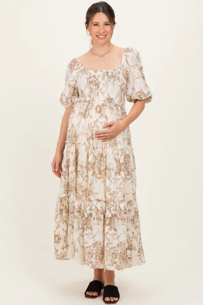 PinkBlush Taupe Vintage Floral Puff Sleeve Tiered Maternity Maxi Dress