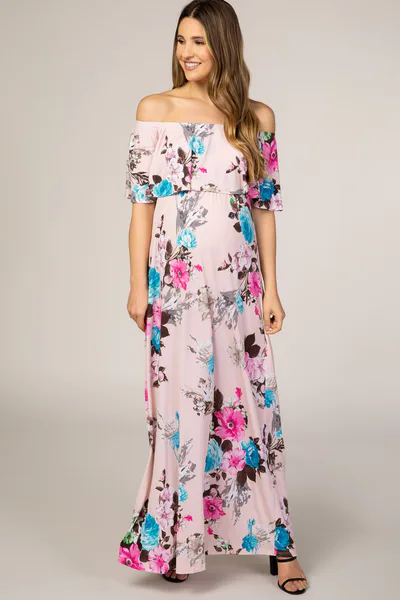 PinkBlush Light Pink Floral Off Shoulder Maternity Maxi Dress
