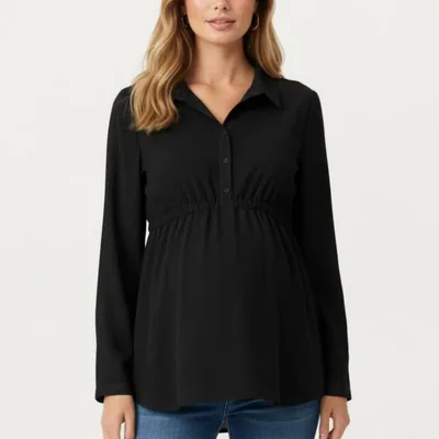 Target Anna-Kaci Women's Maternity Long Sleeve Top with Collared Neckline Elastic Empire Waist and Soft Flowing Drape for Everyday Style - Large, Black