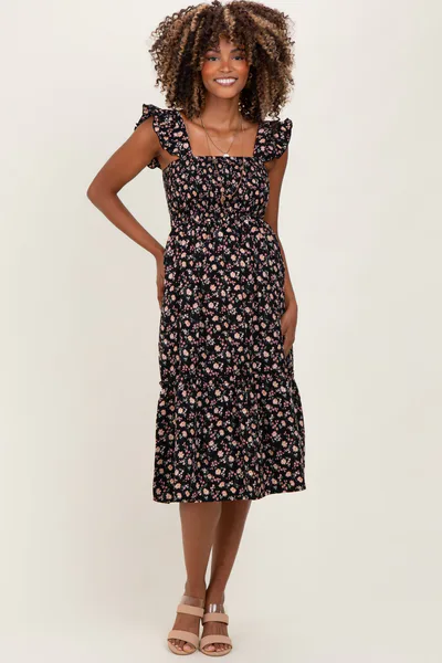 PinkBlush Black Floral Smocked Ruffle Strap Maternity Midi Dress