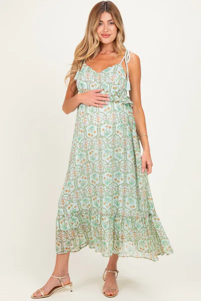 PinkBlush Light Mint Floral Tassel Strap Maternity Midi Dress