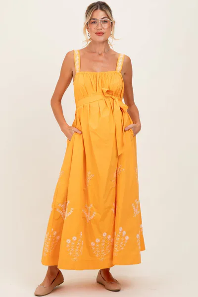 PinkBlush Orange Embroidered Sleeveless Sash Tie Maternity Maxi Dress