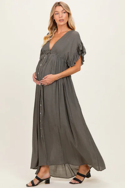 PinkBlush Olive Button Down Deep V-Neck Maternity Maxi Dress