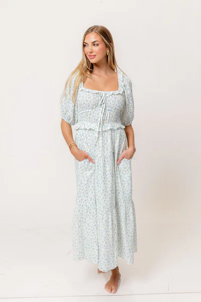 Worth Collective Landon 100% Cotton Ruched Puff Sleeve Ruffle Tiered Floral Midi Dress in Blue - Bump Friendly