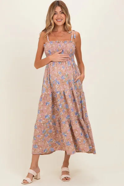 PinkBlush Mauve/ Blue Vintage Floral Sleeveless Tiered Maternity Maxi Dress