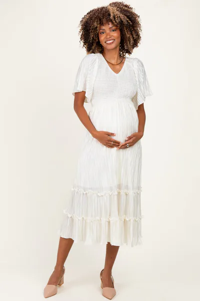 PinkBlush Cream Pleated Satin Smocked Maternity Midi Dress