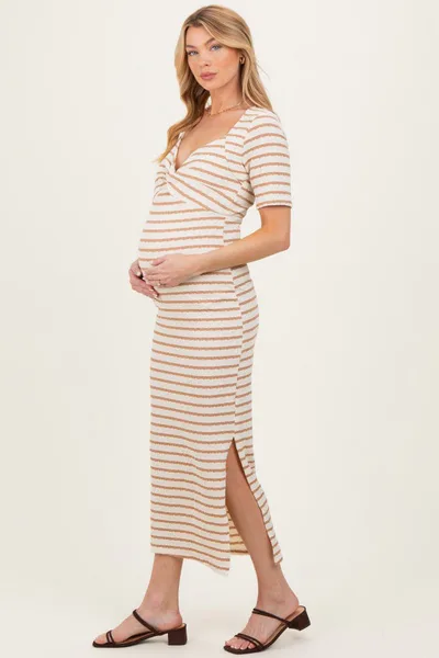 PinkBlush Cream/ Mocha Striped Knit Short Sleeve Maternity Maxi Dress