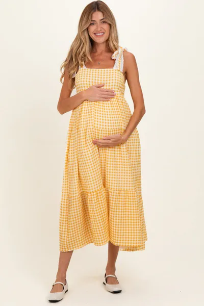 PinkBlush Yellow Gingham Lace Trim Shoulder Tie Maternity Maxi Dress