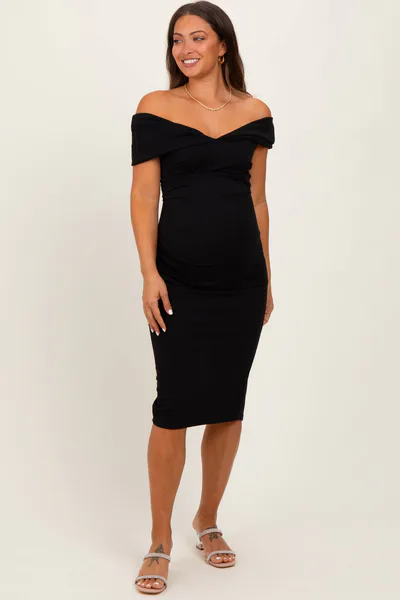 PinkBlush Black Off Shoulder Fitted Maternity Midi Dress