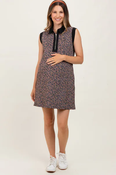 PinkBlush Brown Animal Print Front Zip Sleeveless Maternity Dress