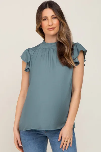 PinkBlush Dark Teal Mock Neck Flutter Maternity Blouse