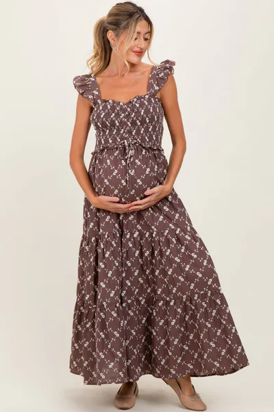 PinkBlush Brown Off White Floral Embroidered Tiered Maternity Maxi Dress