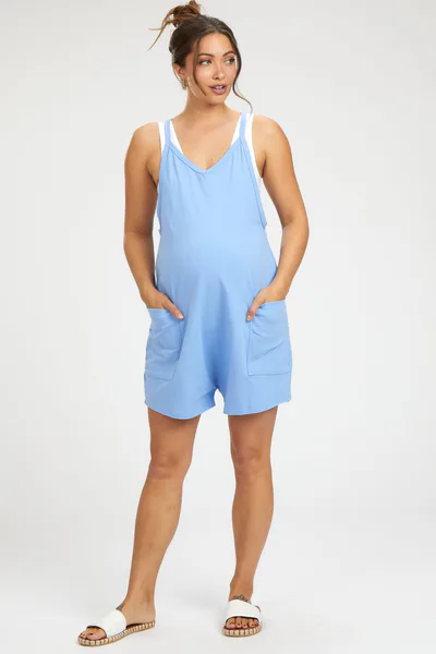 PinkBlush Blue Basic V-Neck Maternity Romper