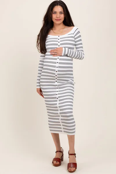 PinkBlush White Striped Ribbed Button Accent Off Shoulder Maternity Dress