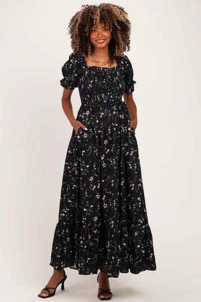 PinkBlush Black Floral Ruffle Accent Smocked Maternity Maxi Dress