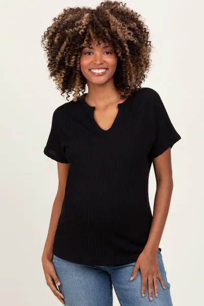 PinkBlush Black Ribbed Notched Neckline Maternity Top