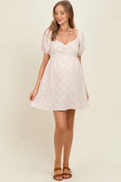 PinkBlush Beige Embroidered Gingham Sweetheart Neck Maternity Mini Dress