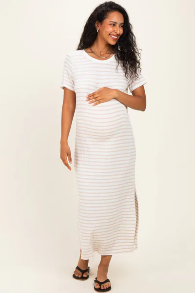 PinkBlush Oatmeal/ Ivory Striped Short Sleeve Maternity Midi Dress