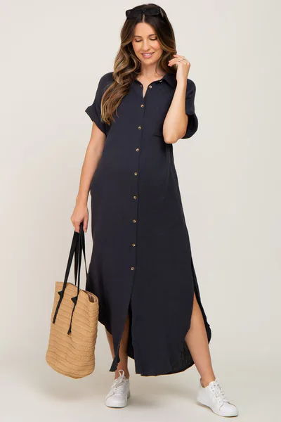 PinkBlush Charcoal Button Down Maternity Midi Dress